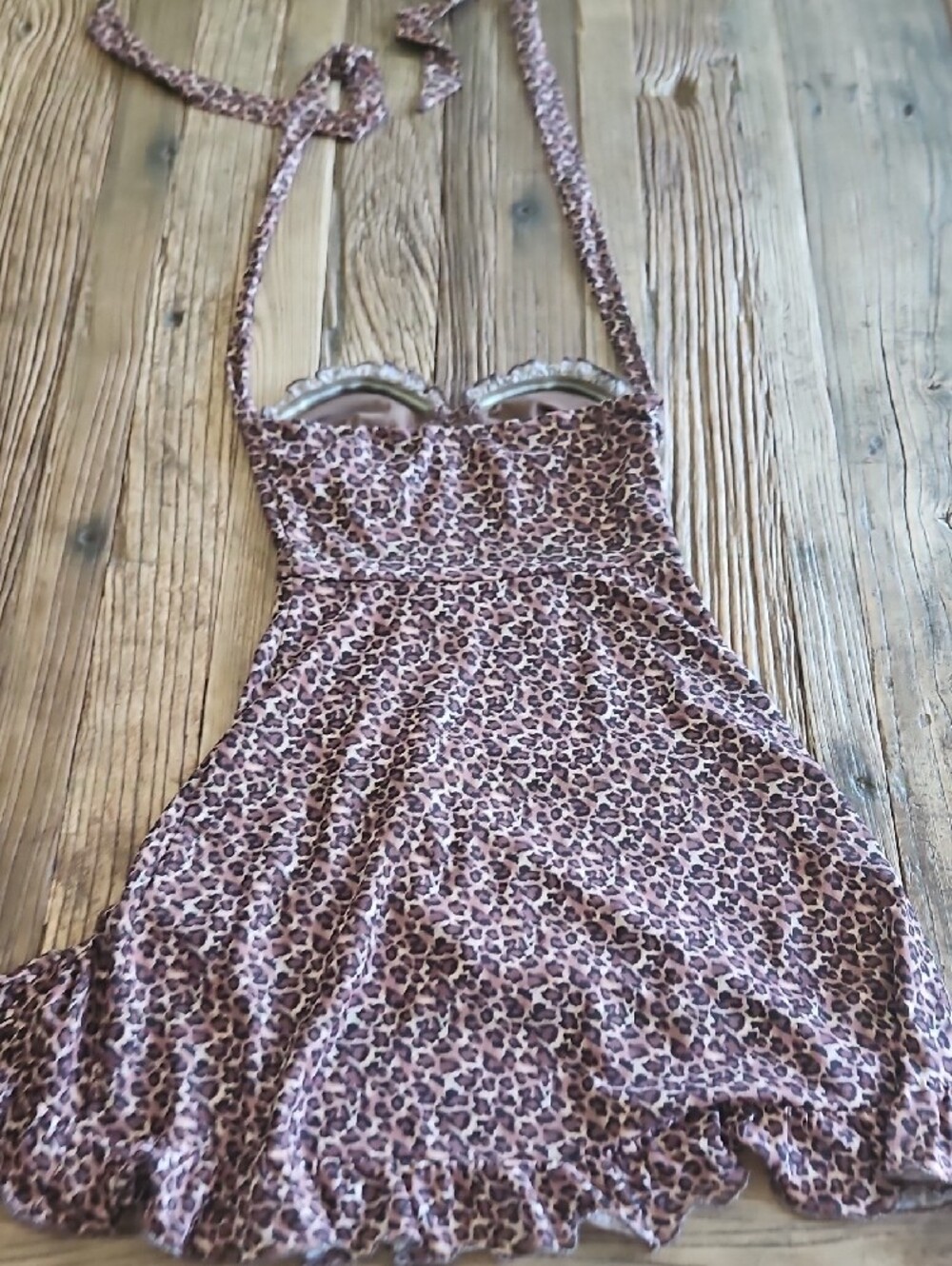 Leopard Print Ruffle Bottom Halter Mini Dress Size Small - Picture 9 of 13